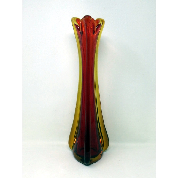 Mid-Century Triangular Red/Amber Art Glass Vase