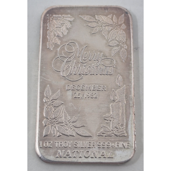 Vintage 1 Oz .999 Silver 1982 Merry Christmas Bar