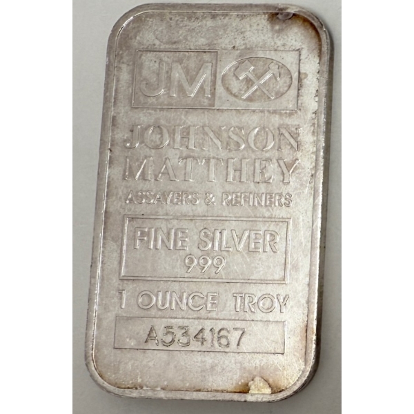 1 Oz .999 Silver Johnson Matthey Bar 