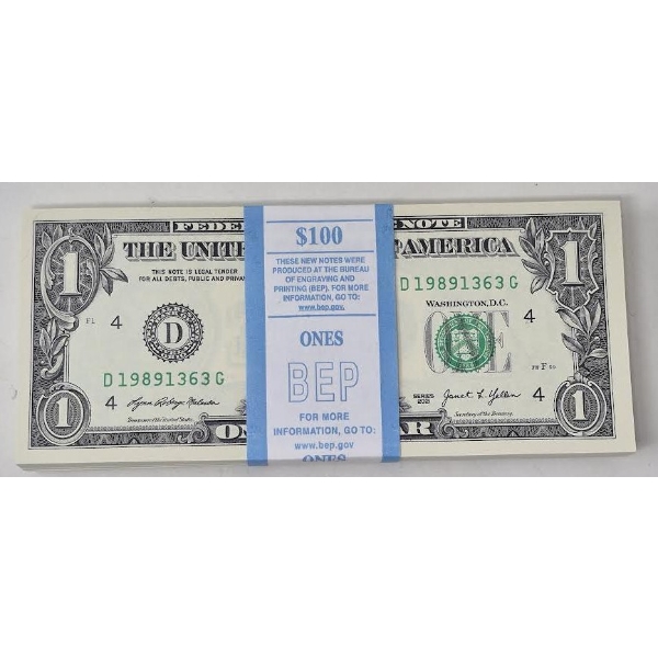 100 x $1 USD Uncirculated Federal Reserve Bundle 