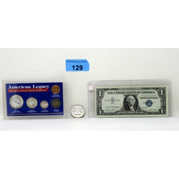 US 1962 Half Dollar, 1964 Coin Set & 1957 $1 Bill