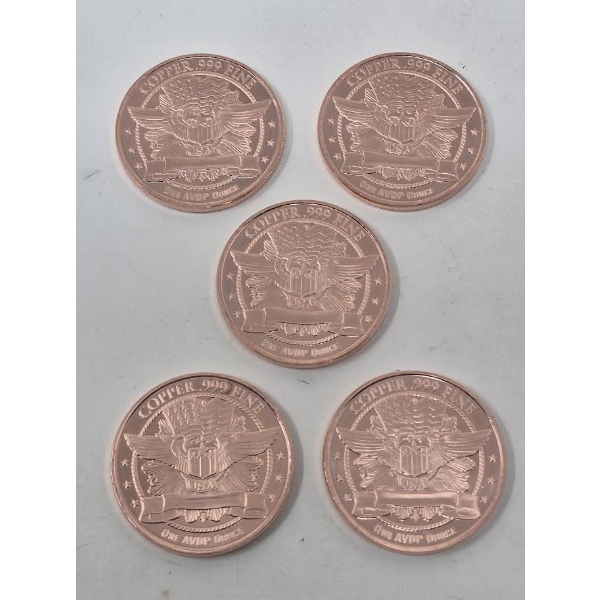 5 x 1 Oz .999 Fine Copper Statue of Liberty/USA Eagle Rounds