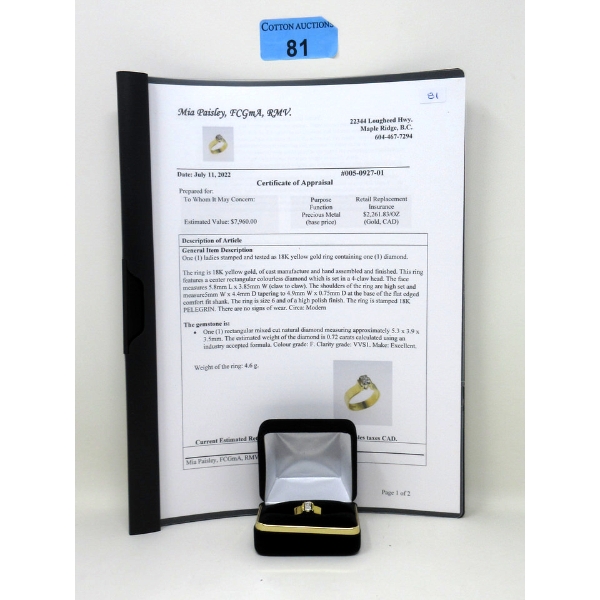 18 K Yellow Gold Diamond Solitaire Ring with .72 Carat Diamond