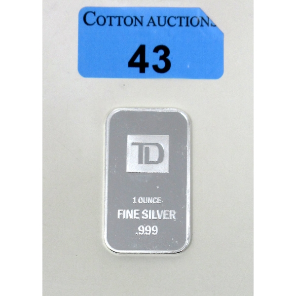 1 Oz .999 Silver TD Bank Investor Bar 