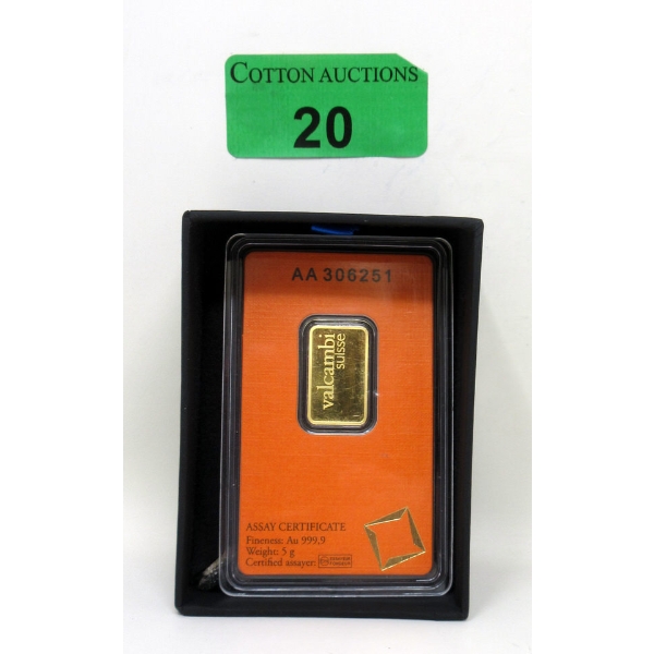 5 Gram .9999 Fine Gold Valcambi Suisse Bar 