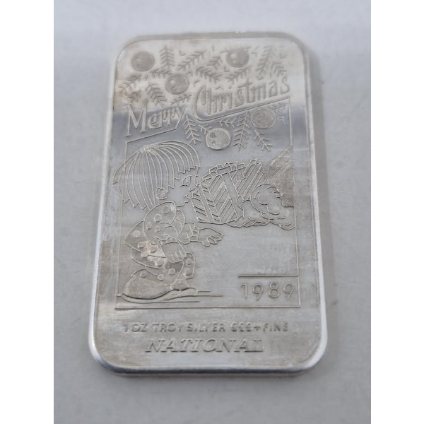 1 Oz .999+ Silver National Christmas Theme Bar 