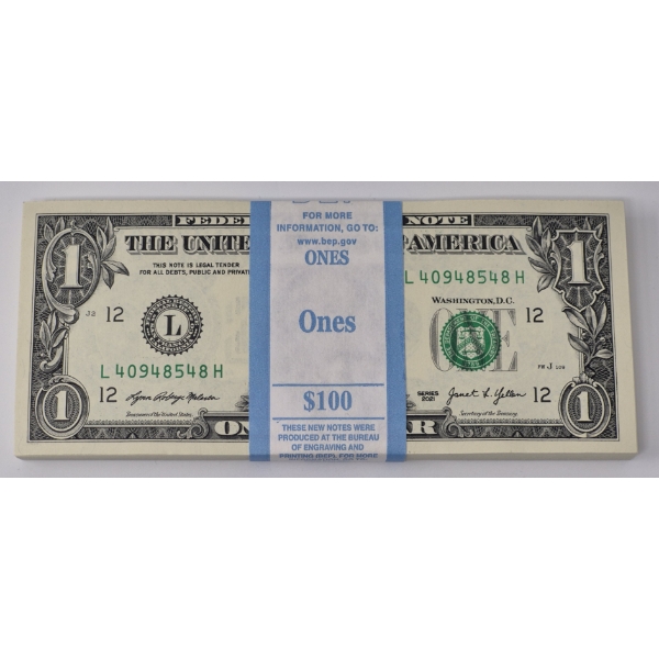 100 x $1 USD Uncirculated Federal Reserve Bundle 