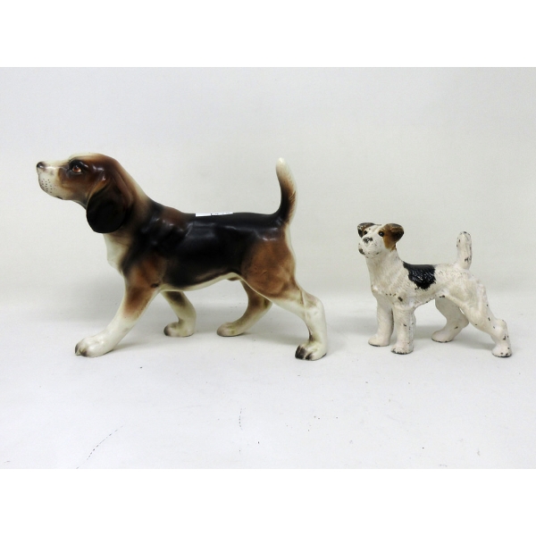 Vintage Cast Iron Terrier & Japan Porcelain Beagle 