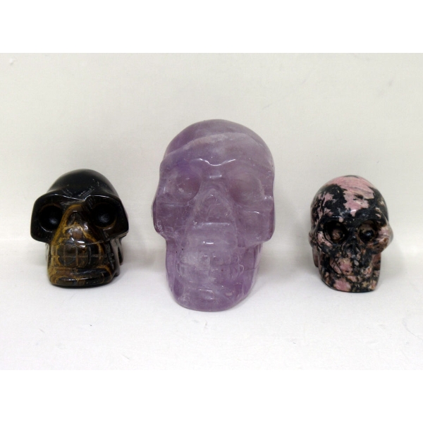 3 Hand-Carved 3D Gemstone Skulls 