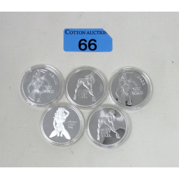 5 x Silver Clad NUDE Girl Art Rounds 