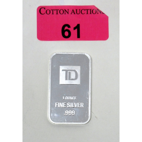 1 Oz .999 Silver TD Bank Investor Bar 