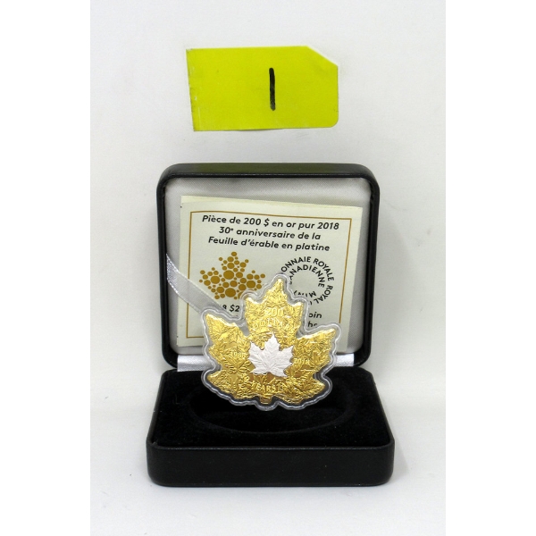 ULTRA RARE 31.25 Gram .9999 Fine Gold 2018 30th Anniversary of Platinum Maple Leaf Coin 