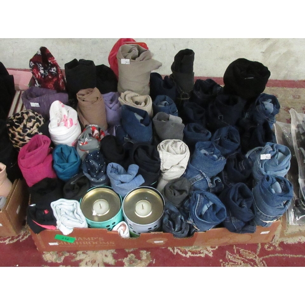 Box of Customer Return Clothing & 2 New Candles