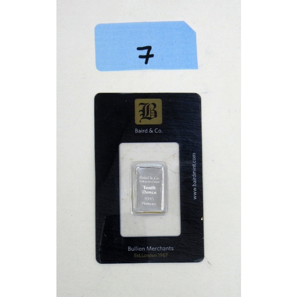 1/10 Oz .9995 Fine Platinum Certified Bar 
