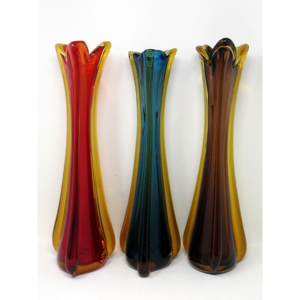 3 Mid-Century Triangular Art Glass Vases