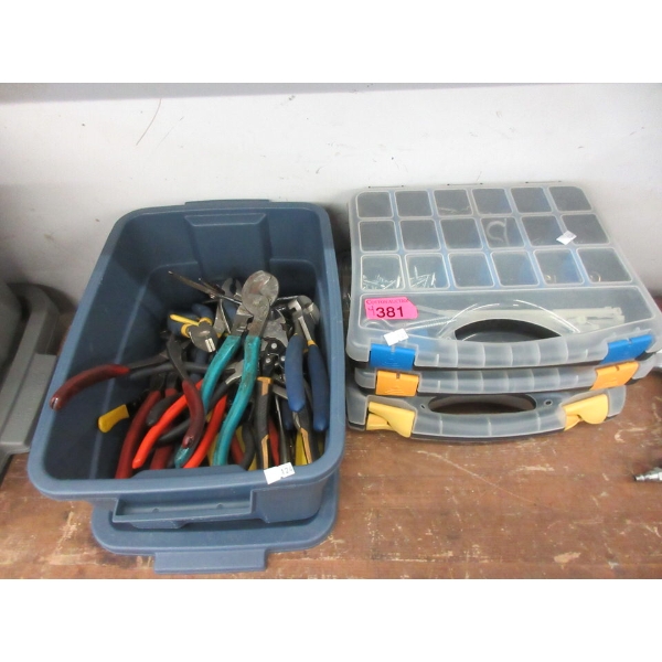 Tote of Assorted Pliers & 3 Screw Organizers