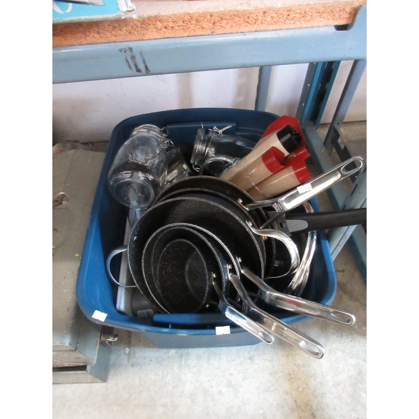 Large Tote of Preowned Kitchen Goods