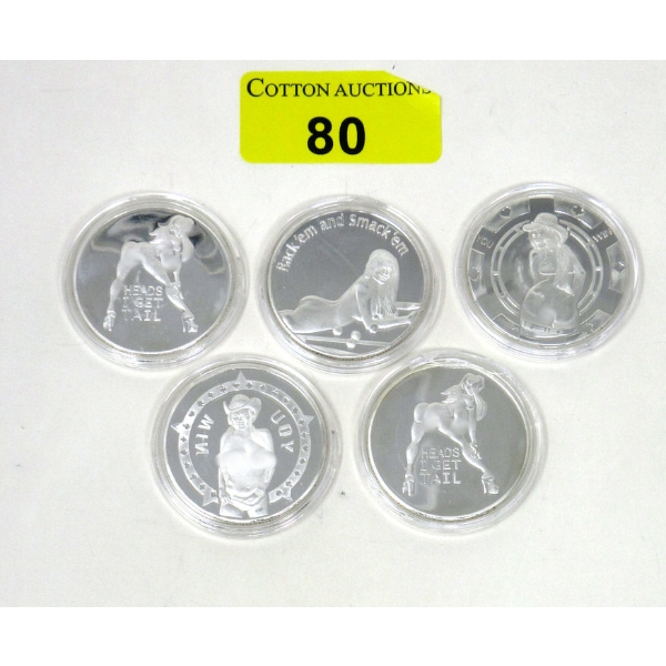 5 x Silver Clad Nude Girl Art Rounds 