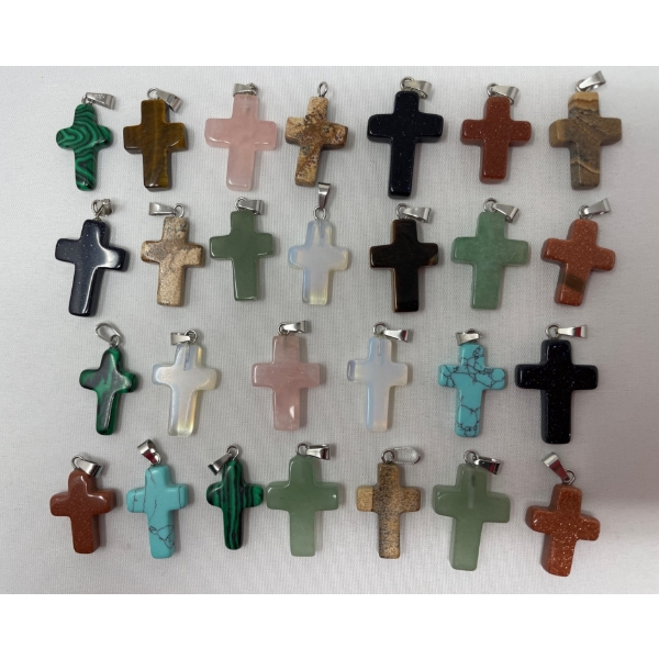 20+ Hand-Carved Assorted Gemstone Cross Pendants