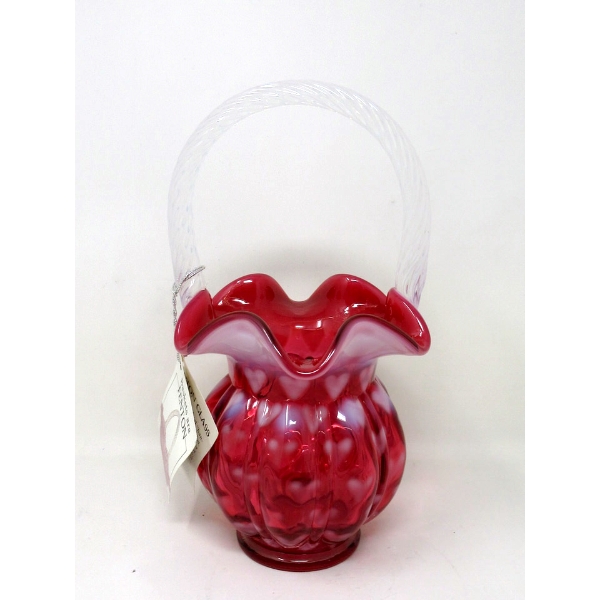Vintage Fenton Red/White Clear Art Glass Basket