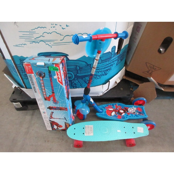 Child's Skateboard & 2 Spiderman Kick Scooters
