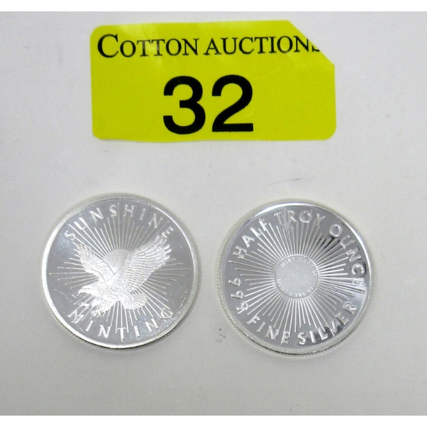 2 x 1/2 Oz .999 Silver Sunshine Minting Rounds 