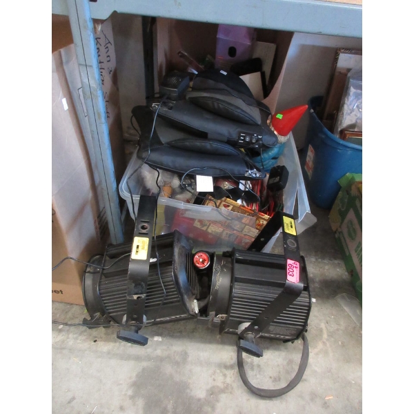 2 Stage Lights and 2 Boxes of Assorted Goods