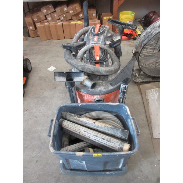 2 Large Shop Vacs with Bin of Hose & Pipe