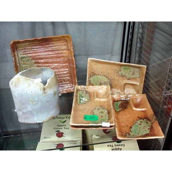 Pottery Vase, Plate & 4 Sushi Plates