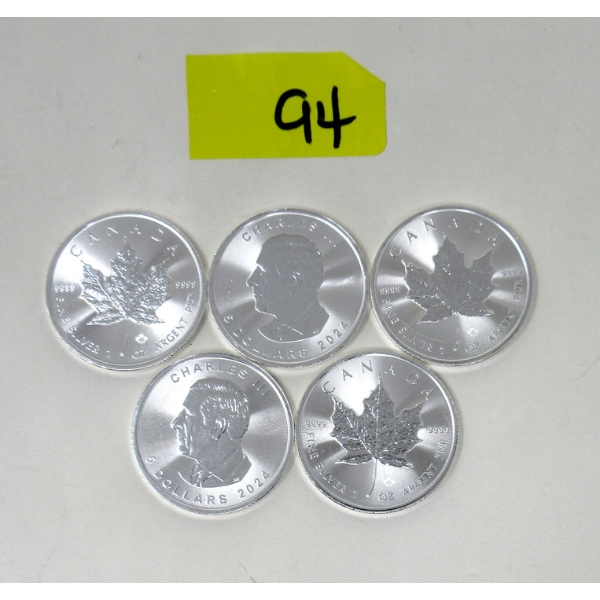 5 x 1 Oz .9999 Silver 2024 Maple Leaf Coins 