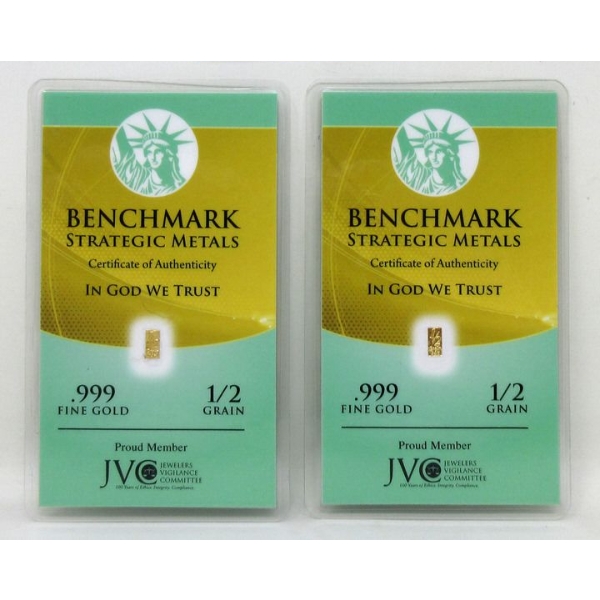 2 x 1/2 Grain .999 Fine Gold Certified Bars 