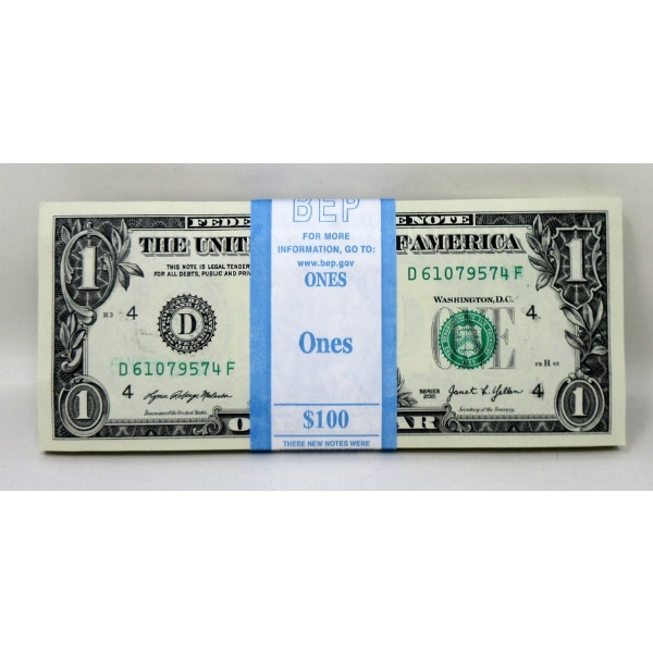 100 x $1 USD Uncirculated Federal Reserve Bundle 