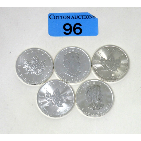 5 x 1 Oz .9999 Silver 2012 Maple Leaf Coins 