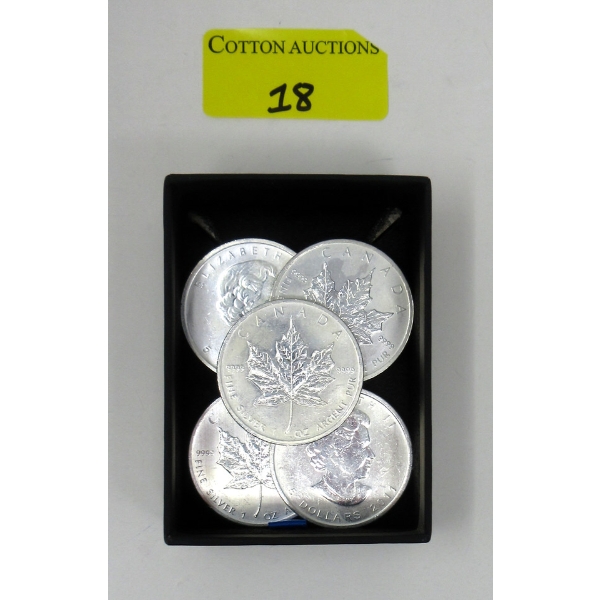 5 x 1 Oz .9999 Silver Canada Maple Leaf Coins