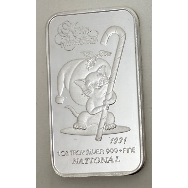 1 Oz .999+ Silver 1991 Merry Christmas Bar 