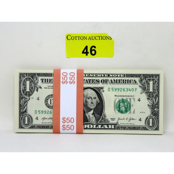 50 x $1 USD Uncirculated Sequential Numbered Federal Reserve Bundle 