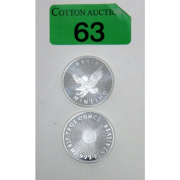 2 x 1/2 Oz .999 Silver Sunshine Minting Rounds 