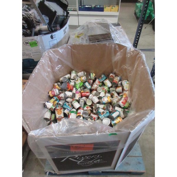 Skid of Assorted Foods in Dented Cans