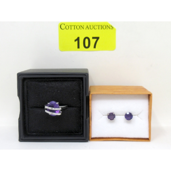 Amethyst & Diamond Ring & Amethyst Stud Earrings