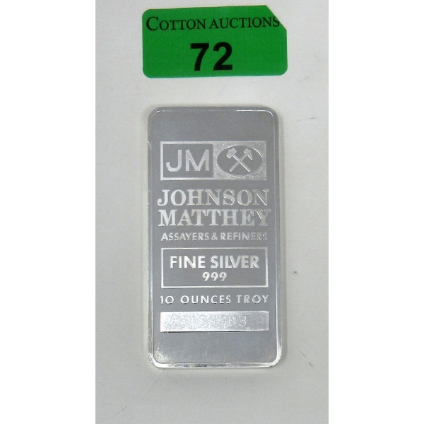 10 Oz .999 Silver Johnson Matthey Bar 