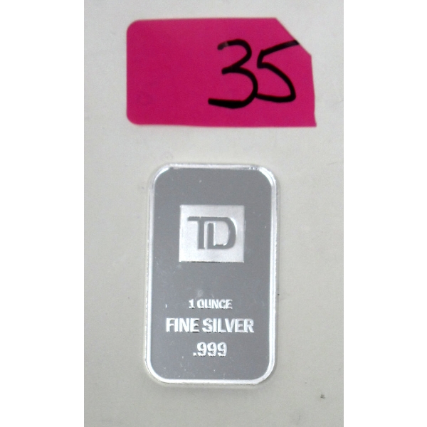 1 Oz .999 Silver TD Bank Investor Bar 