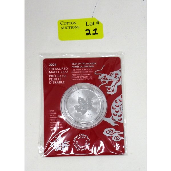 1 Oz .9999 Silver Year of the Dragon Maple Leaf Coin