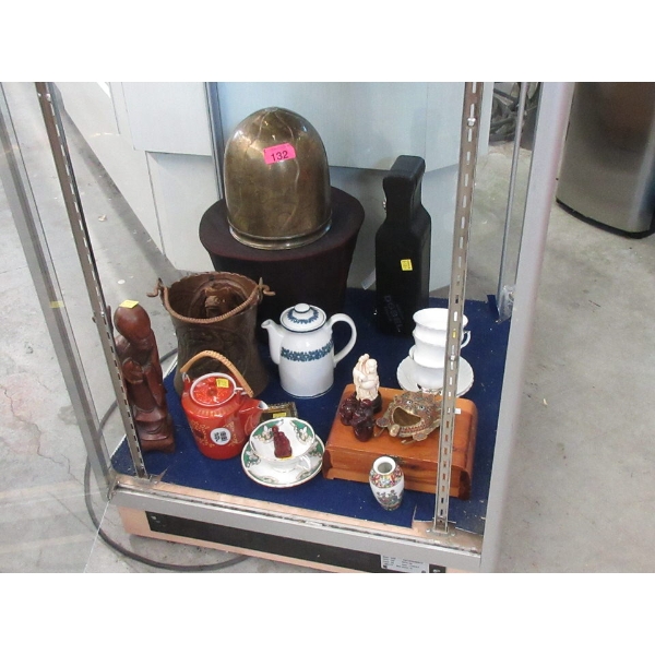 Shelf Lot of Brass, China and Wood Collectibles