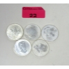 Image 1 : 5 x 1 Oz .9999 Silver Canada Maple Leaf Coins 
