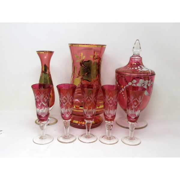 8 Vintage Cranberry Crystal & Glass Pieces