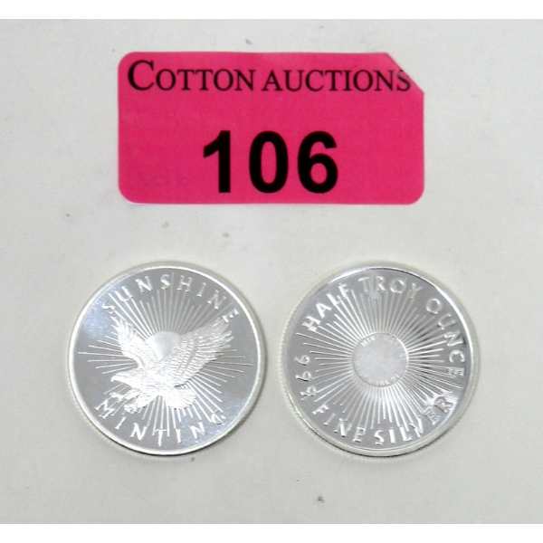 2 x 1/2 Oz .999 Silver Sunshine Minting Rounds 