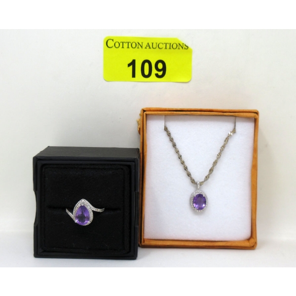 Amethyst & Diamond Ring and Amethyst  & Diamond Pendant Necklace