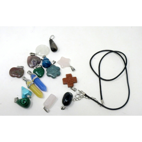 15 New Polished Gemstone Pendants & 1 Neck Cord