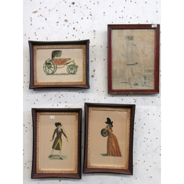 3 Vintage French Etchings & 1 Sheridan Pencil Drawing