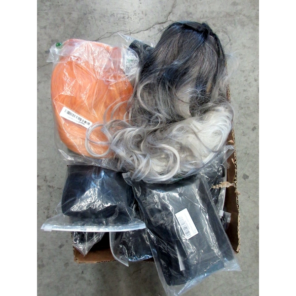 Box of Assorted Wigs & Posture Correctors